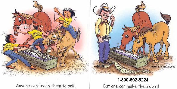 We increase sales profits and cut turnover costs by making people Rejectionproof(R). By making rejection increase determination instead of doubt, studies show people sell more and stay on the job longer. Anyone can teach them to sell, but one can make them do it.TM